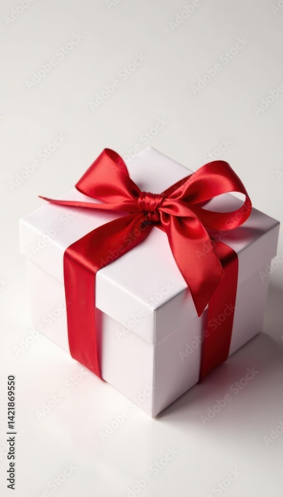 Fototapeta premium Elegant red ribbon tied gift box, white background, xmas, sale