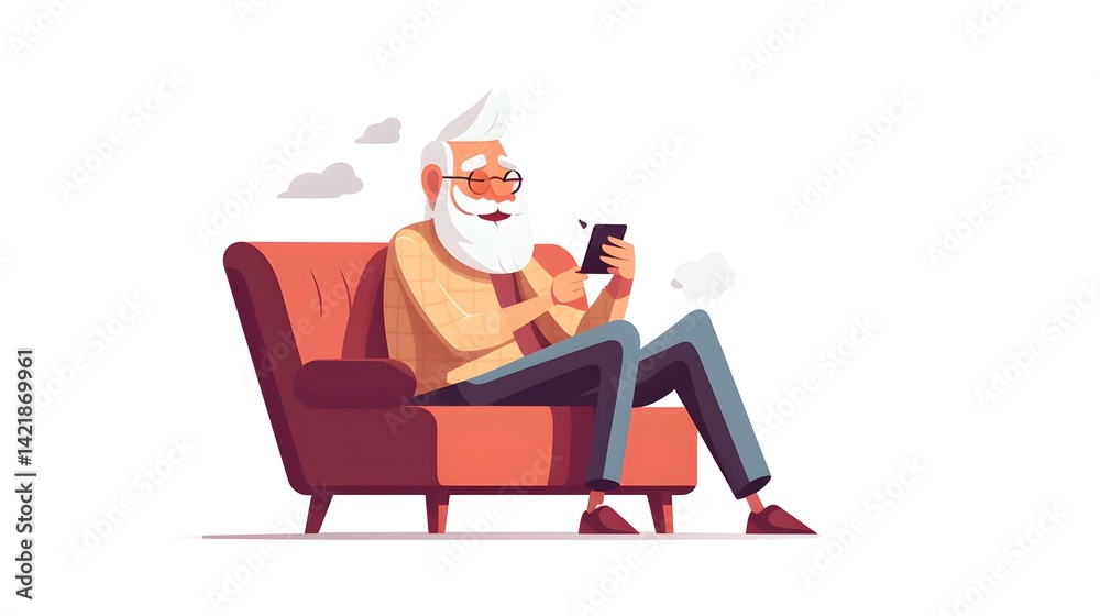 Elderly man sitting on sofa and using smartphone, digital device addiction concept Elderly man sitting on sofa and using smartphone, digital device addiction concept