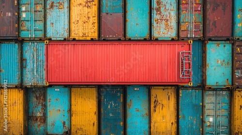 Red shipping container atop multicolored containers. Aerial view.  Possible use stock photo for logistics, transport, and cargo photo