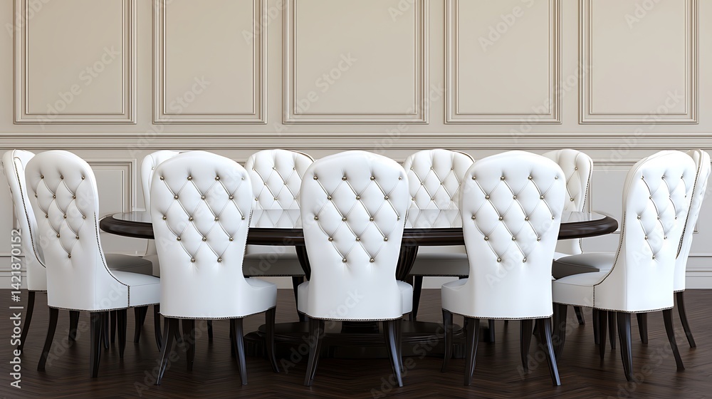 Elegant dining room featuring a dark wood table surrounded by white tufted leather chairs.