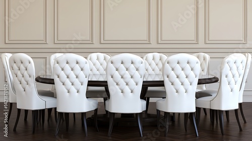Obraz na płótnie Elegant dining room featuring a dark wood table surrounded by white tufted leather chairs. w salonie