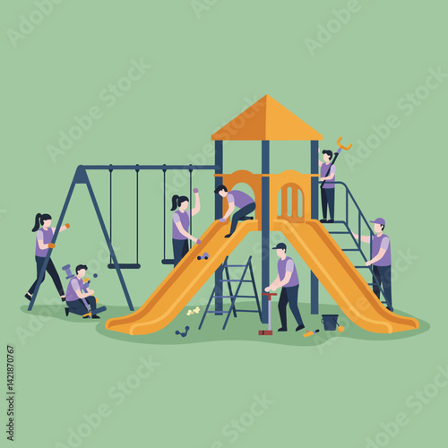 Playground maintenance workers repairing and cleaning children play area with slide and swings vector illustration 