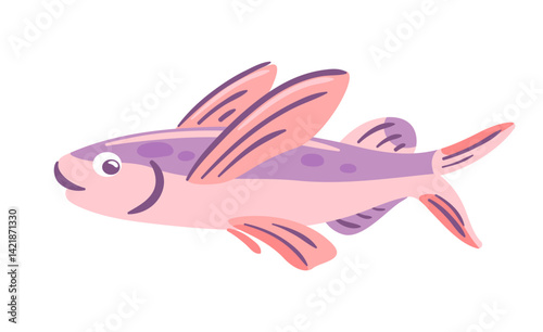 This vector illustration features a dynamic flying fish gracefully leaping above the ocean surface. Its shimmering scales reflect sunlight, capturing the essence of marine life and the beauty of ocean