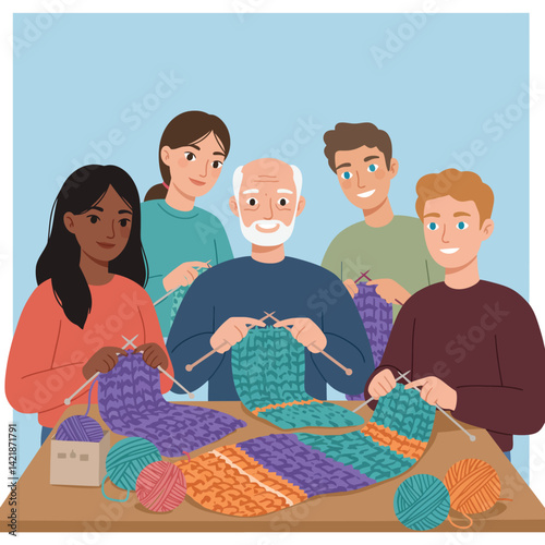 Multigenerational group knitting colorful scarves together at home in cozy lifestyle activity