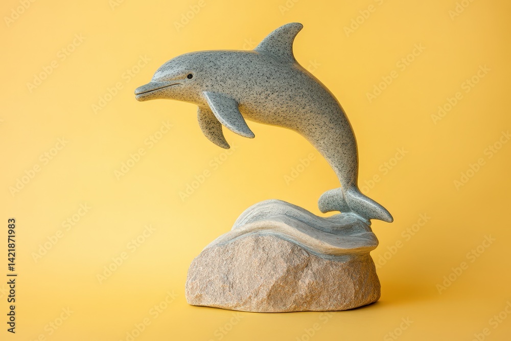Obraz premium Grey dolphin figurine leaps from a light beige rock.