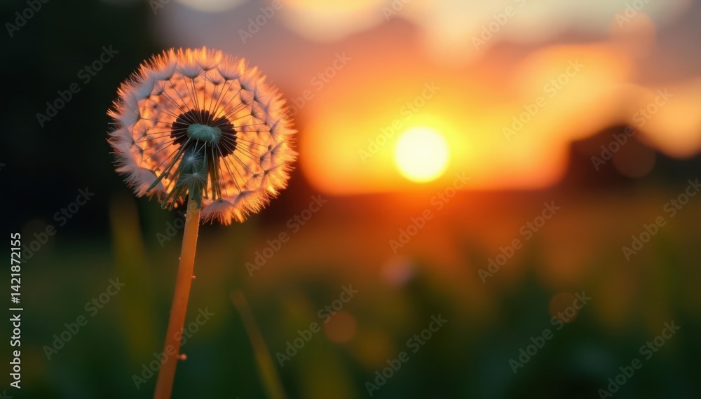 Sun dips below horizon, illuminating dandelion seeds, art, wildflowers Sun dips below horizon, illuminating dandelion seeds, art, wildflowers