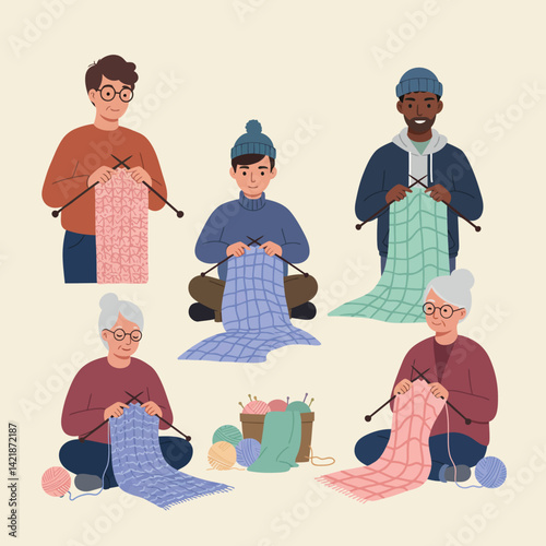 Diverse group of people knitting scarves and blankets in cozy indoor setting with colorful yarn and needles 
