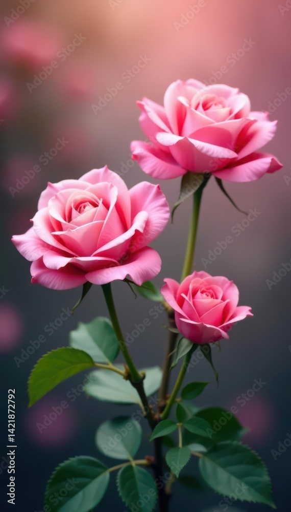 Soft focus, three pink roses, blurred vertical backdrop, celebration, rose, closeup Soft focus, three pink roses, blurred vertical backdrop, celebration, rose, closeup
