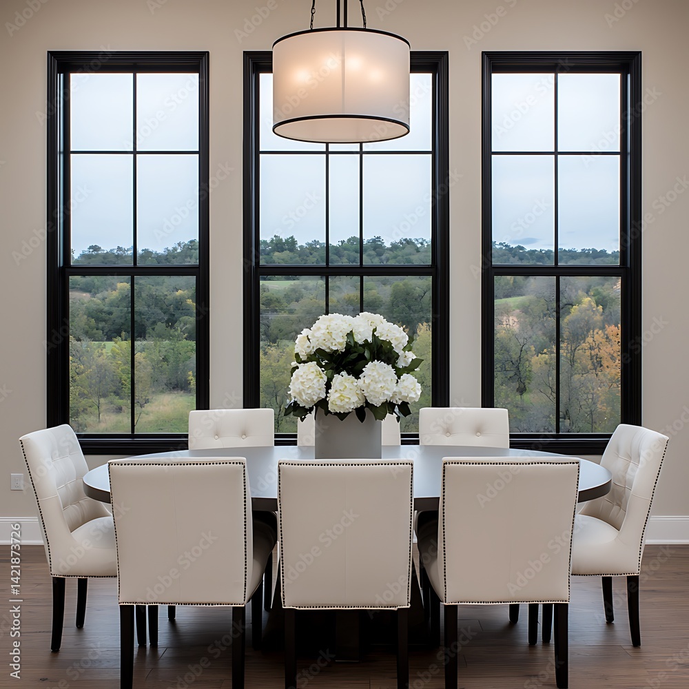 Elegant dining space showcasing a round table, upholstered chairs, pendant lighting, and window views of nature.