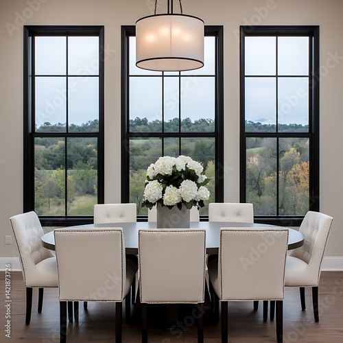 Elegant dining space showcasing a round table, upholstered chairs, pendant lighting, and window views of nature.