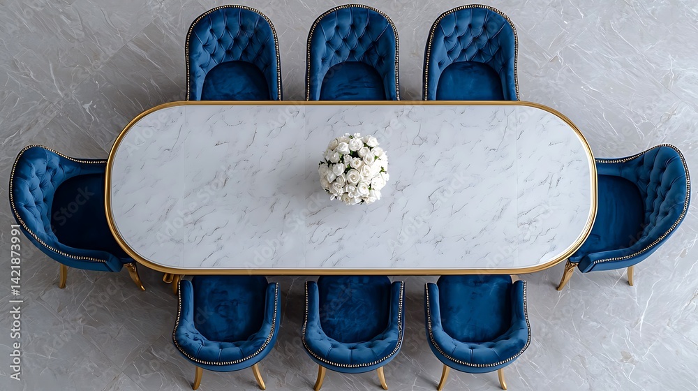 Elegant Dining Space: Top View of Marble Table, Blue Velvet Chairs, and Flower Arrangement, Perfect for Interior Design Inspiration.