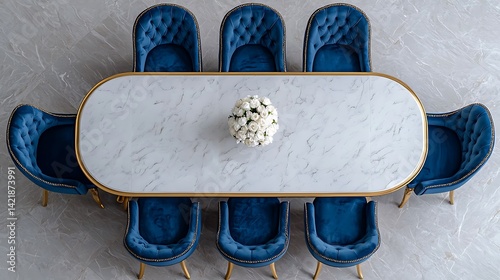 Obraz na płótnie Elegant Dining Space: Top View of Marble Table, Blue Velvet Chairs, and Flower Arrangement, Perfect for Interior Design Inspiration. w salonie