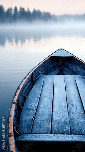 Frozen Rowboat on Misty Lake at Dawn