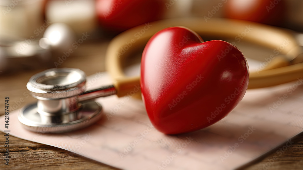 Heart Health Still Life: Red Heart, Stethoscope, and ECG Printout Symbolizing Compassionate Medical Care Heart Health Still Life: Red Heart, Stethoscope, and ECG Printout Symbolizing Compassionate Medical Care