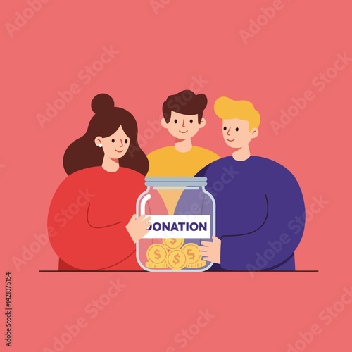 Group of diverse people contributing money to donation jar for charity and fundraising support vector illustration 