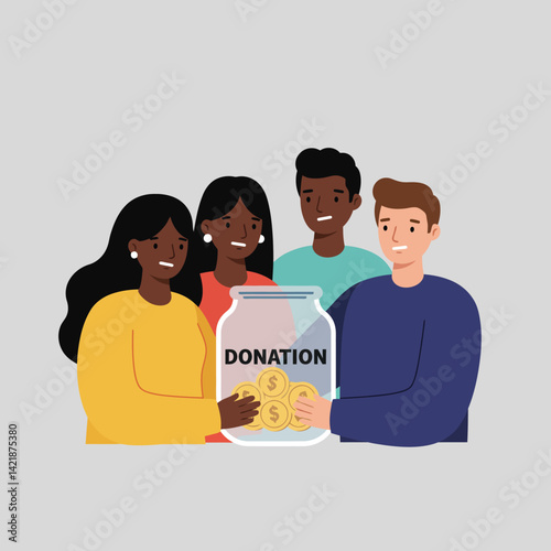 Diverse group holding donation jar with coins promoting charity and community support vector illustration 
