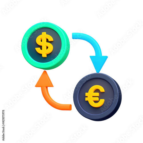 Blockchain payments concept. Currency exchange symbols with arrows indicating conversion between currencies, on transparent background.