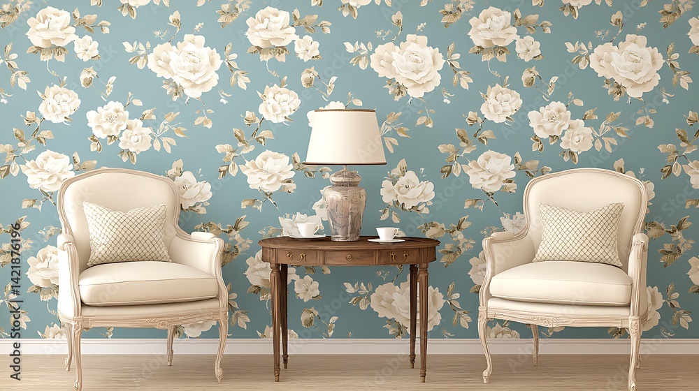Elegant Interior with Armchairs, Wooden Table, and Floral Wallpaper, Creating a Relaxing Atmosphere.