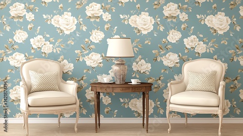 Elegant Interior with Armchairs, Wooden Table, and Floral Wallpaper, Creating a Relaxing Atmosphere.