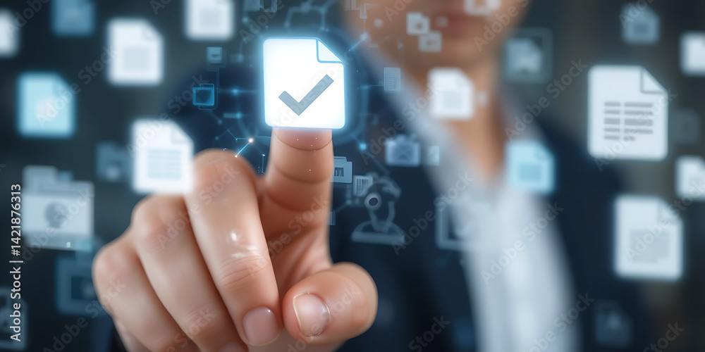 Man’s finger interacting with a holographic check mark, with floating digital files and documents in the background. Blank space available Man’s finger interacting with a holographic check mark, with floating digital files and documents in the background. Blank space available