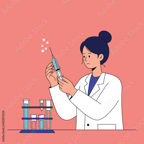 Female scientist preparing syringe with liquid in laboratory test tubes vector illustration for medical research and healthcare concept 