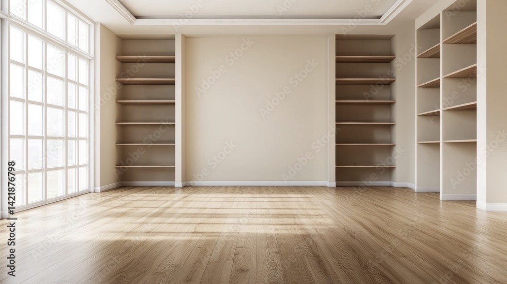 Fototapeta premium Modern minimalist living room with no furniture, warm wooden floors, light beige walls, and built-in shelving, clean and spacious atmosphere