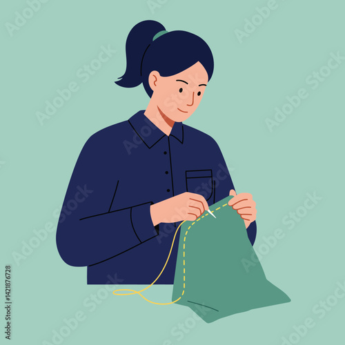 Woman sewing green fabric with yellow thread in simple vector illustration style 