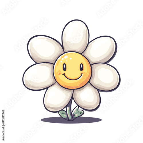 Fun 2D daisy mascot, playful design, pastel white and yellow tones, minimalistic and clean
