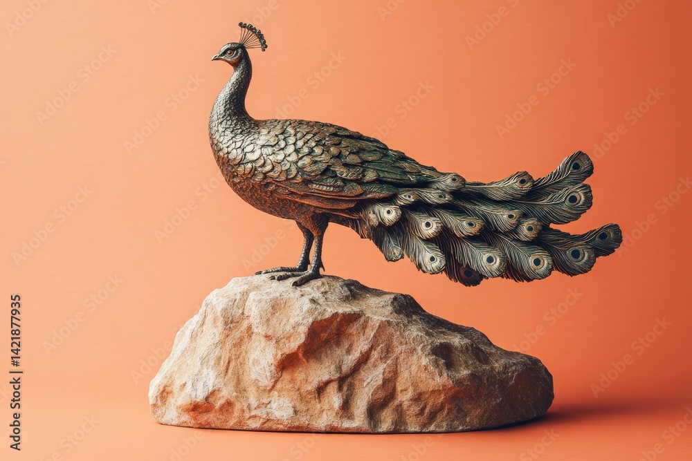Obraz premium Ornate bronze peacock figurine perched atop a stone rock.