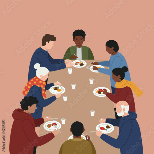 Group of diverse people sharing meal together around table vector illustration in warm tones and cozy atmosphere 