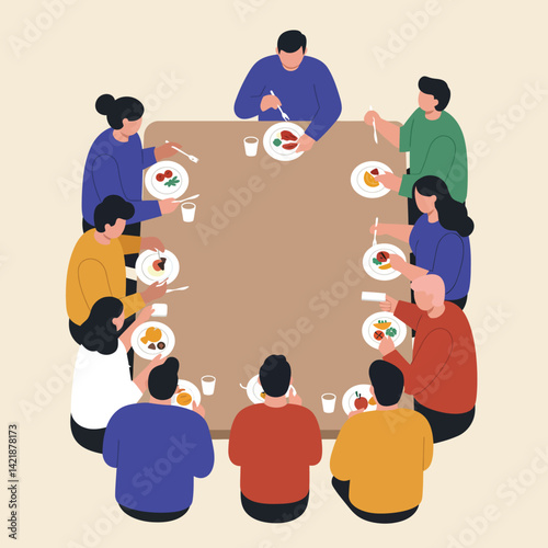 Group of People Eating Together Around Oval Table Sharing Food and Drinks Vector Illustration