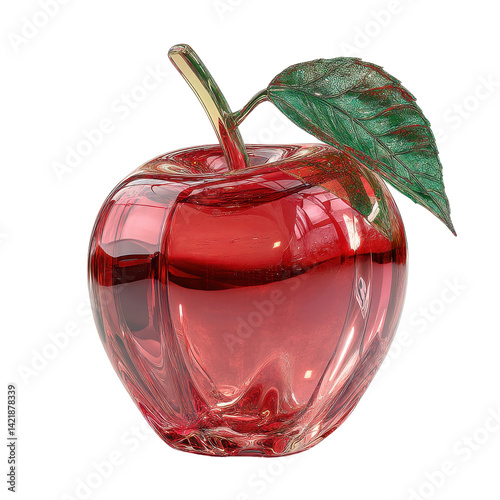 Shiny red glass apple with translucent leaf and stem photo