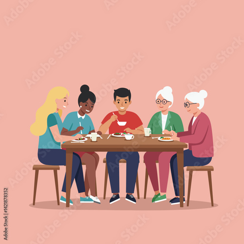 Diverse group of people enjoying meal together at dining table in casual setting vector illustration 