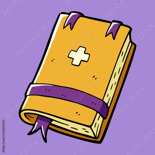 Whimsical Cartoon Spellbook with Ribbons and Medical Symbol Design