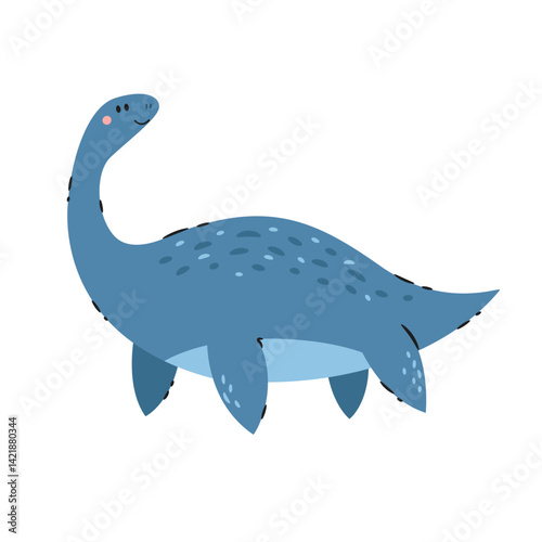 Illustration of funny cartoon Plesiosaurus dinosaur isolated on white background.