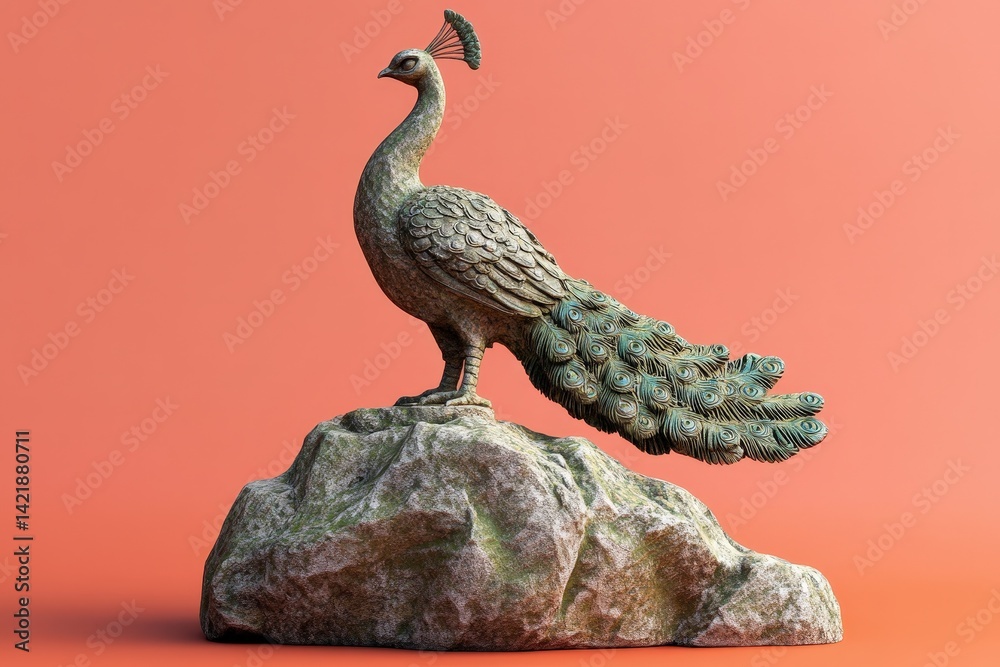 Fototapeta premium Ornate peacock figurine perched atop a weathered rock.