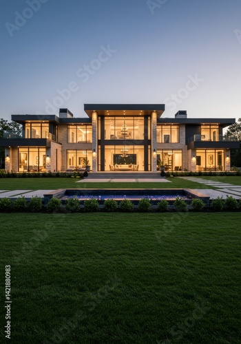 Luxury architectural design showcasing modern mansion at dusk with stunning features