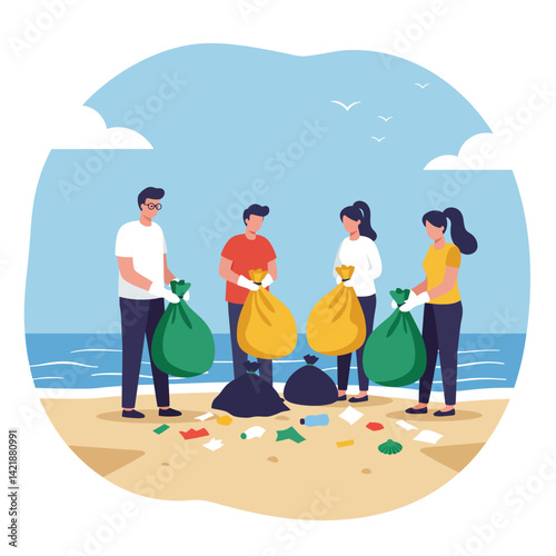 Group of people collecting trash and cleaning beach environment with bags and gloves vector illustration 