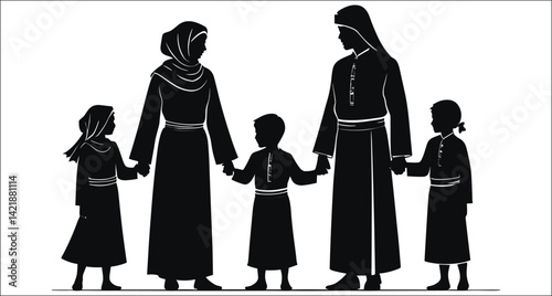 Silhouette Of A Happy Arab Family Holding Hands Together Vector Design