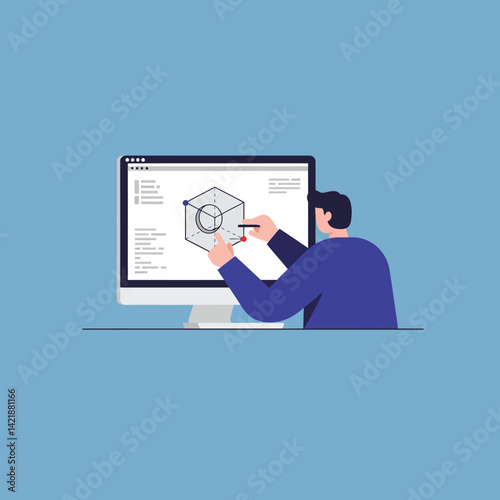 Man working on 3D modeling design using computer software in modern office environment vector illustration 