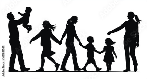 Silhouette Of A Happy Family Walking Together On A White Background