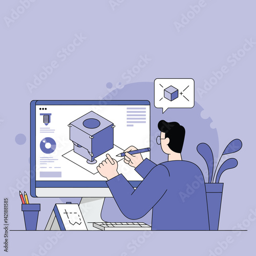 Designer working on 3D cube model with computer software in blue tones vector illustration 