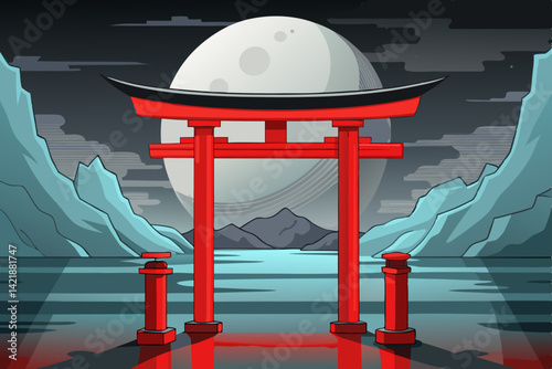 "Red Torii Gate Under Full Moon – Misty Mountain Landscape Vector Art"

