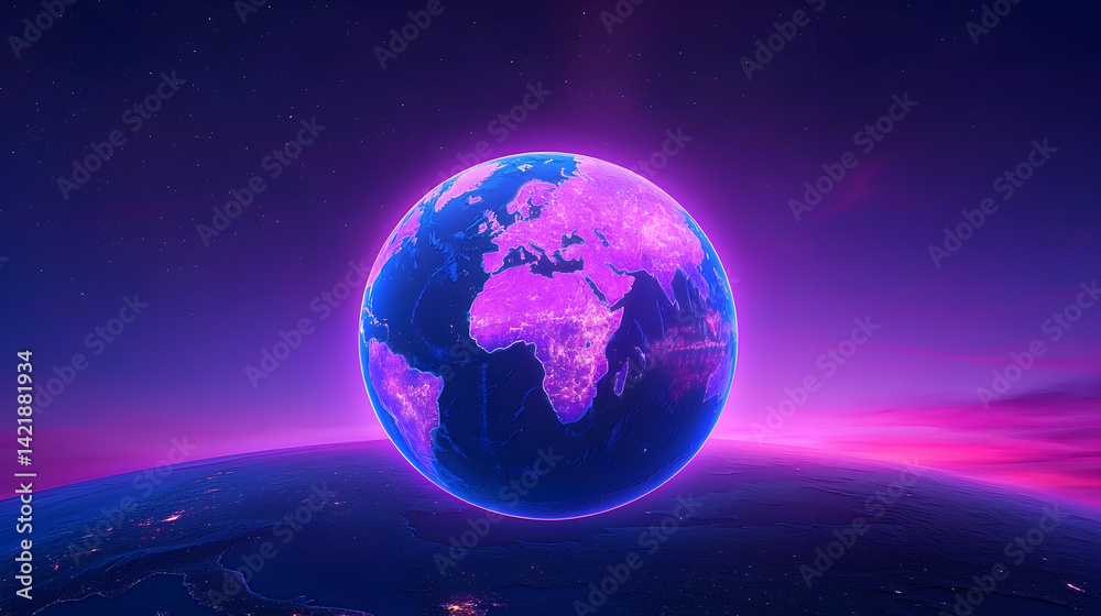 Fototapeta premium Glowing Pixel Earth in a Purple and Pink Cosmic Space