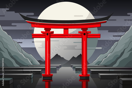 "Red Torii Gate Under Full Moon – Misty Mountain Landscape Vector Art"

