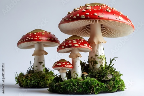 Decorative mushroom figurines, red and white amanita muscaria toadstools, bright red caps with gold spots, cream-colored stems, three mushrooms of varying sizes, green mossy base, realistic texture, f photo