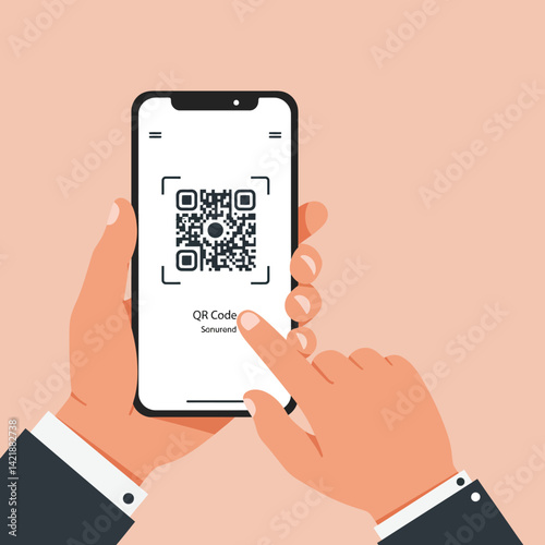 Hands holding smartphone scanning QR code with finger touching screen vector illustration in flat style 