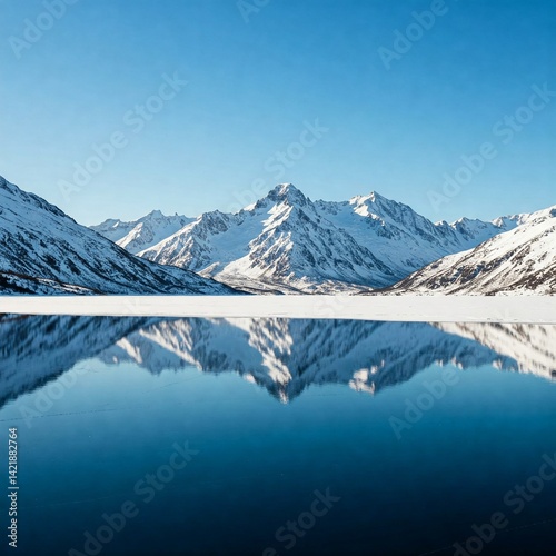 Wallpaper Mural Snowcapped mountains mirrored in icy lake, reflections perfect and still, sky stretching wide above untouched land frozen in majestic silence. Torontodigital.ca