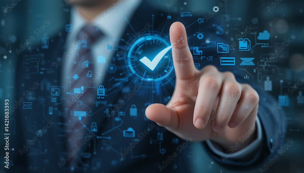 Man’s finger interacting with a holographic check mark, with floating digital files and documents in the background. Blank space available Man’s finger interacting with a holographic check mark, with floating digital files and documents in the background. Blank space available