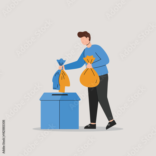 Man donating bags into blue collection box for charity or recycling illustration with minimal colors and simple design 